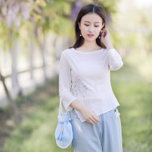 伶俐柠檬复古21119温婉端庄女装九分袖圆领手绘衬衫棉上衣中国风图片