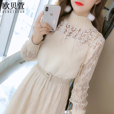 蕾丝裙子春秋装2018新款女长袖镂空小香风打底有女人味的连衣裙冬