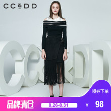 CCDD2018春装新一字领毛针织衫女短款假两件黑色紧身长袖露肩性感图片