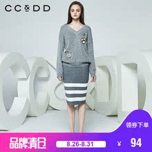 CCDD2018春装新品专柜正品时尚韩版V领贴布绣针织衫女套头毛衫图片