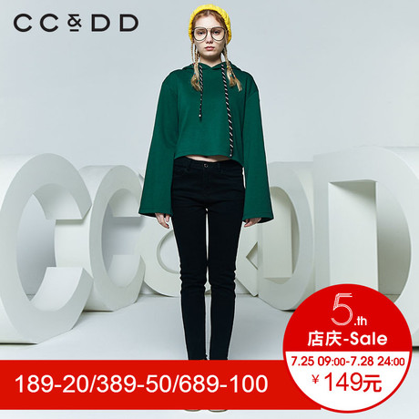 CCDD2018春装新品专柜正品短款直筒字母飘带连帽卫衣女休闲上衣潮商品大图