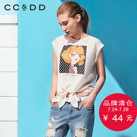 CCDD夏装新品专柜正品女圆领白色人物印花系带短袖休闲衬衫潮商品大图
