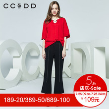 CCDD2018秋装新品专柜正品时尚修身红色圆领短袖T恤女直筒上衣图片