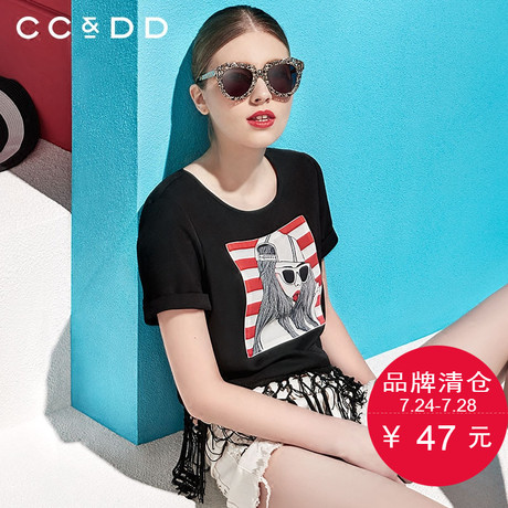CCDD夏装新品专柜正品时尚女人物印花流苏边圆领短袖休闲衬衫商品大图