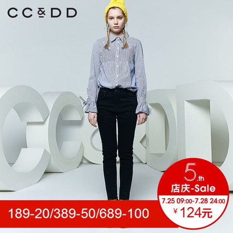 CCDD2018春装新品专柜正品韩版直筒条纹蝴蝶结系带长袖衬衫女上衣商品大图
