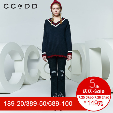 CCDD2018春装新品专柜正品时尚个性破洞V领长袖针织衫女套头毛衫商品大图