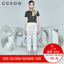 CCDD夏装新品专柜正品女短款黑色条纹圆领卡通印花短袖T恤潮图片