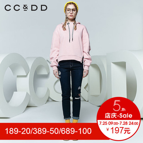 CCDD2018春装新品专柜正品韩版宽松侧拉链连帽套头卫衣女休闲上衣商品大图