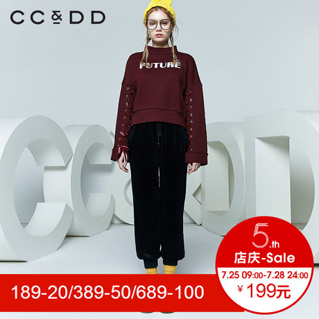 CCDD2018春装新品专柜正品短款落肩宽袖系带字母套头卫衣女韩版潮商品大图