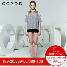 CCDD2018夏装新品专柜正品假两件网纱领露肩条纹短袖衬衫女韩版潮图片
