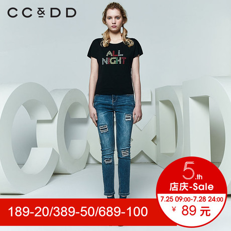 CCDD2018夏装新品专柜正品修身显瘦绣花露背圆领短袖T恤女黑色潮商品大图