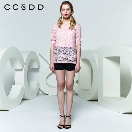 CCDD2018夏装新品专柜正品吊带一字领蕾丝短袖T恤女两件套上衣商品大图