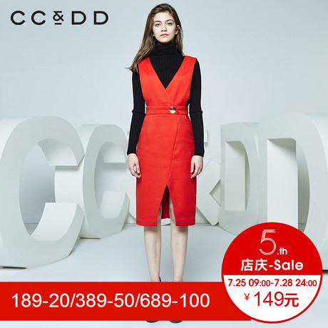 CCDD冬装新品专柜正品时尚气质修身无袖连衣裙女包臀裙大红商品大图