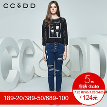 CCDD春装新品专柜正品蕾丝短款罗纹圆领印花长袖套头衫女图片