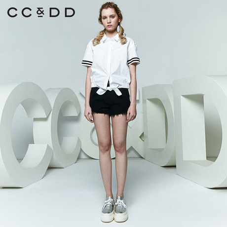 CCDD2018夏装新品专柜正品休闲学院风字母松紧腰短袖衬衫女上衣商品大图