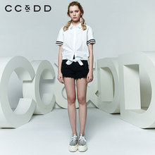 CCDD2018夏装新品专柜正品休闲学院风字母松紧腰短袖衬衫女上衣图片