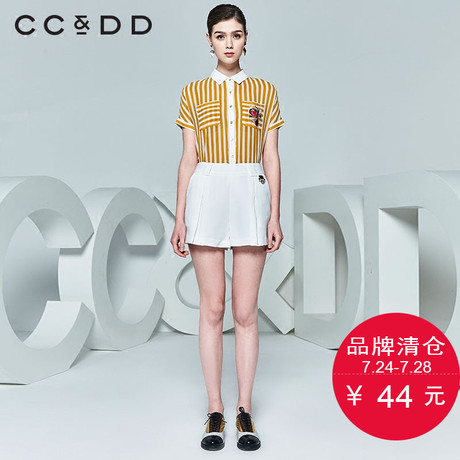 CCDD夏装新品专柜正品时尚复古女直筒条纹印花雪纺短袖衬商品大图
