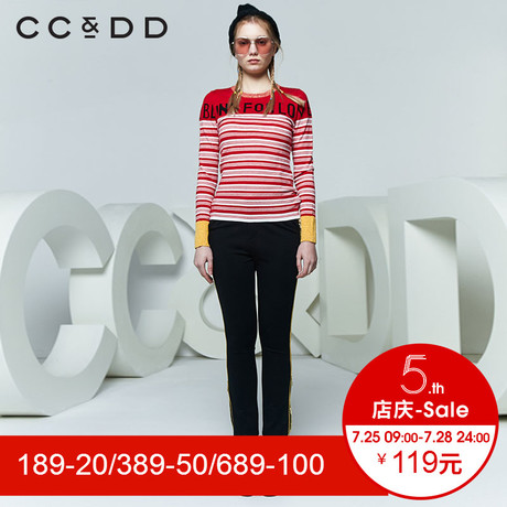 CCDD2018春装新品专柜正品修身显瘦条纹字母圆领针织衫女套头上衣商品大图