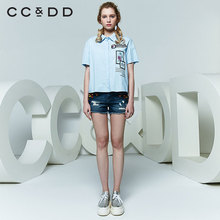 CCDD2018夏装新品专柜正品休闲直筒字母印花后开叉系带短袖衬衫女图片
