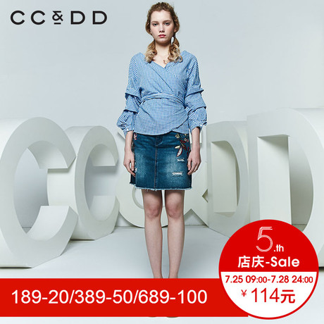 CCDD2018夏装新品专柜正品时尚个性v领系带九分袖格子衬衫女上衣商品大图
