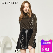 CCDD2018秋装新品专柜正品长袖微喇高领套头衫系带字母印花T恤图片