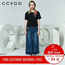 CCDD2018夏装新品专柜正品韩版休闲黑色显瘦绣花圆领短袖T恤女潮图片