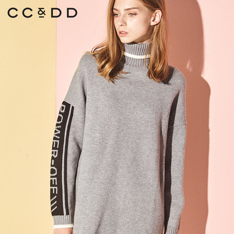 CCDD2018冬装新品专柜正品时尚高领字母刺绣气质中筒针织连衣裙商品大图