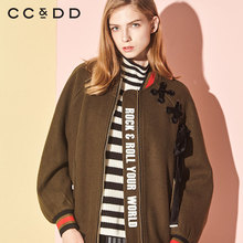 CCDD2018冬装新品专柜正品时尚字母印花气质系带棒球领毛呢外套图片