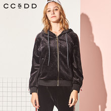 CCDD2018冬装新品专柜正品连帽时尚条纹金属拉链宽松休闲运动棉服图片
