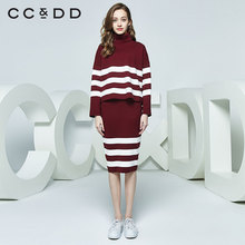 CCDD2018秋装新品专柜正品时尚修身条纹套头立领针织衫女长袖上衣图片