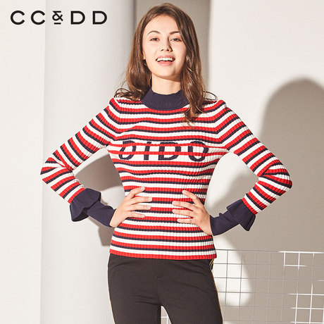 CCDD2018冬装新品专柜正品半高圆领时尚条纹字母修身显瘦毛针织衫商品大图
