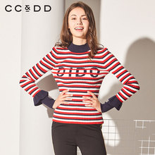 CCDD2018冬装新品专柜正品半高圆领时尚条纹字母修身显瘦毛针织衫图片