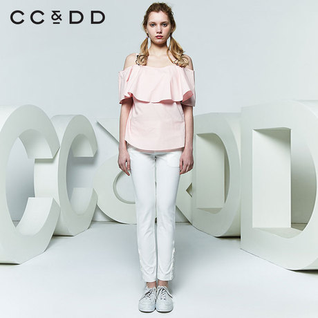 CCDD2018夏装新品专柜正品时尚宽松吊带荷叶边一字领短袖衬衫女商品大图