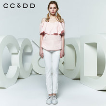 CCDD2018夏装新品专柜正品时尚宽松吊带荷叶边一字领短袖衬衫女图片