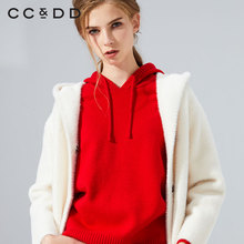 【预售】CCDD2018冬装新品专柜正品连帽暗扣直筒黑色毛呢外套女图片