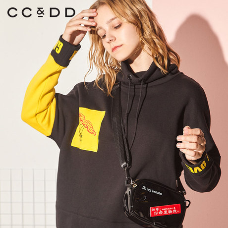CCDD2018冬装新品专柜正品系带高领时尚拼色套头字母印花长袖卫衣商品大图