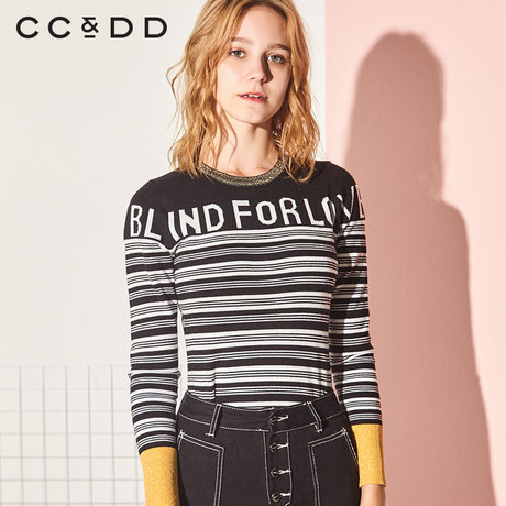 CCDD2018冬装新品专柜正品时尚条纹圆领字母打底衫气质修身针织衫商品大图