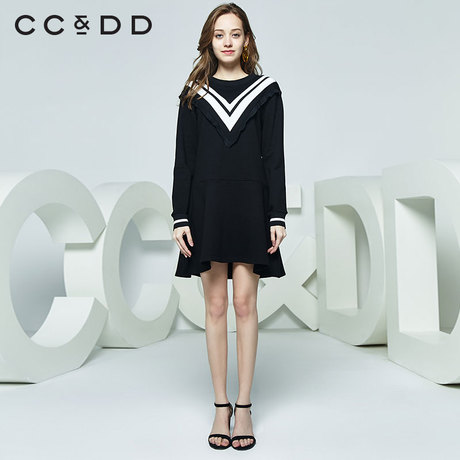 CCDD2018秋装新品专柜正品时尚修身黑色针织休闲上衣女长款套头衫商品大图