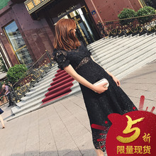 女夏2018新品 子晴定制镂空连衣裙 欧美蕾丝A字裙气质显瘦中长裙女
