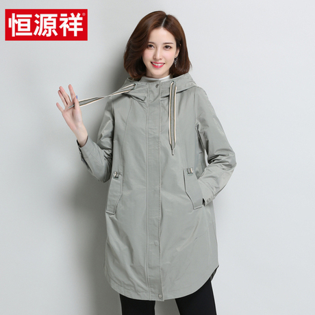 恒源祥女士连帽单风衣2018秋季新款韩版宽松休闲外套中长款大衣女商品大图