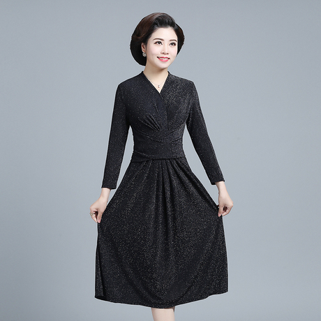 亮丝长袖连衣裙女2018春秋新款中老年女装韩版修身中长款过膝长裙商品大图