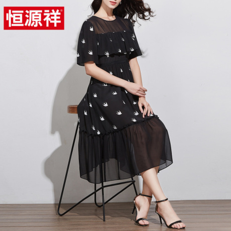 恒源祥2019春夏新款女士100%桑蚕丝中长款真丝复古连衣裙圆领裙子商品大图