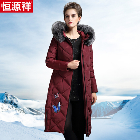恒源祥时尚过膝羽绒服女中长款超长2017新款狐狸毛领中年加厚冬装商品大图