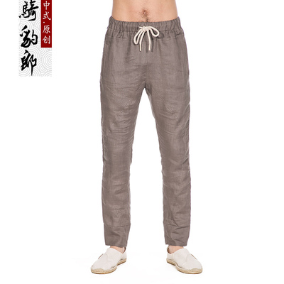 骑豹郎裤子男亚麻裤修身小脚裤男士休闲裤夏季薄款中国风男装长裤