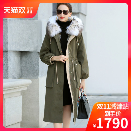 2018冬欧美新款獭兔绒派克服女装中长款貉子毛领皮草派克大衣外套商品大图