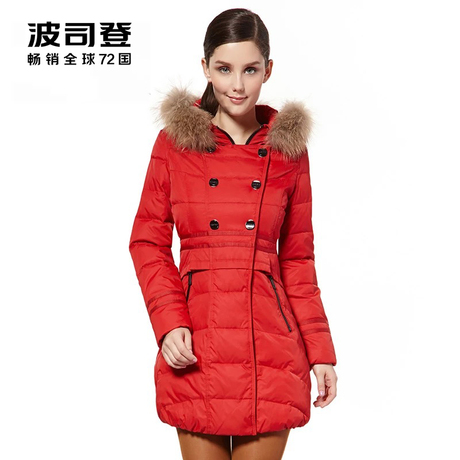 波司登女式时尚甜美貉子毛领连帽修身收腰中长款羽绒服防寒保暖商品大图