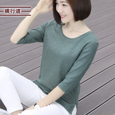 2018秋季新款中袖上衣服宽松七分袖韩版女装t恤外穿大码打底衫商品大图