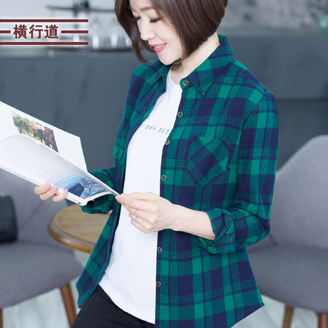 横行道2018秋季女装黑白格子衬衫休闲外套韩版宽松长袖衬衣外穿商品大图