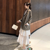 御姐套装女2019春季新款职业正复古装小西服波点v领显瘦连衣裙子