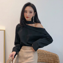 衬衫 气质显瘦露肩白衬衣女 chic复古挂脖斜肩长袖 新款 韩版 女装 春装